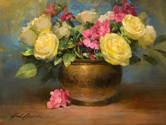 Yellow Roses & Geraniums 12x16 $950 at Hunter Wolff Gallery